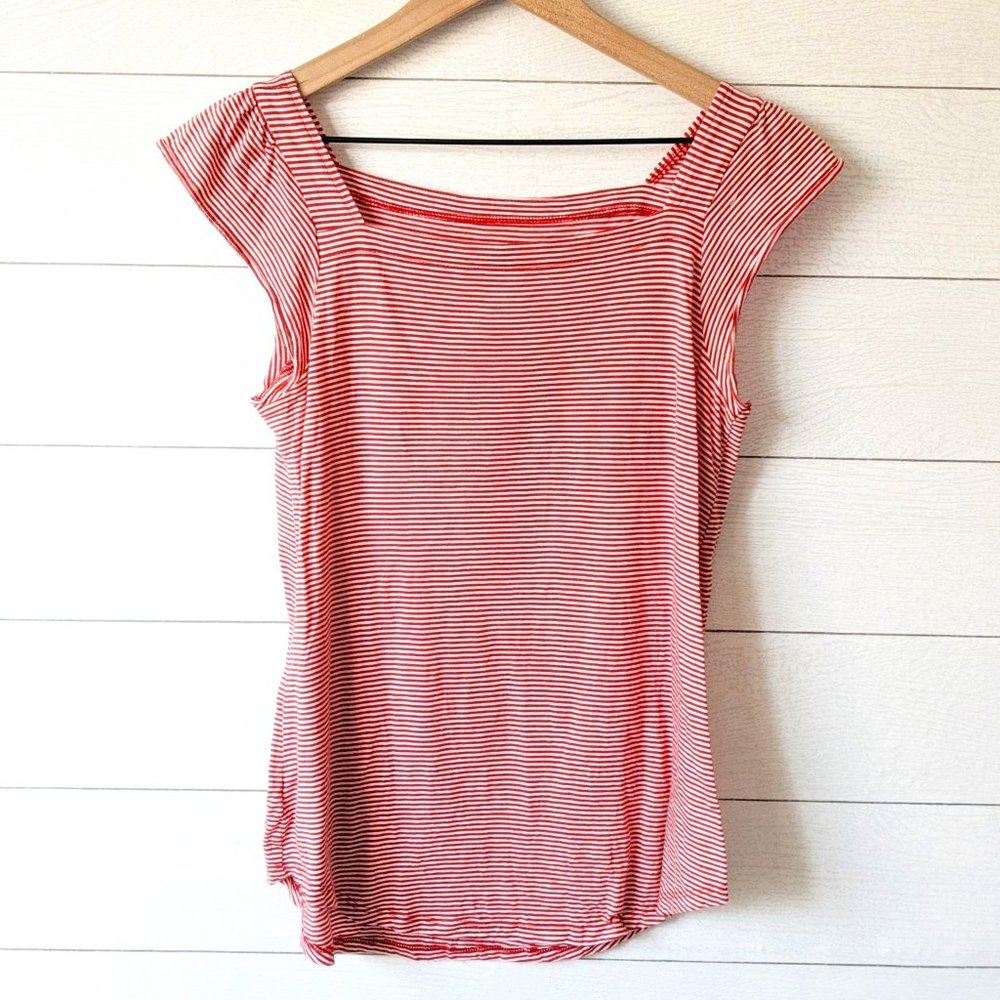 LOFT Striped Square Neck Flutter Sleeve Top XS